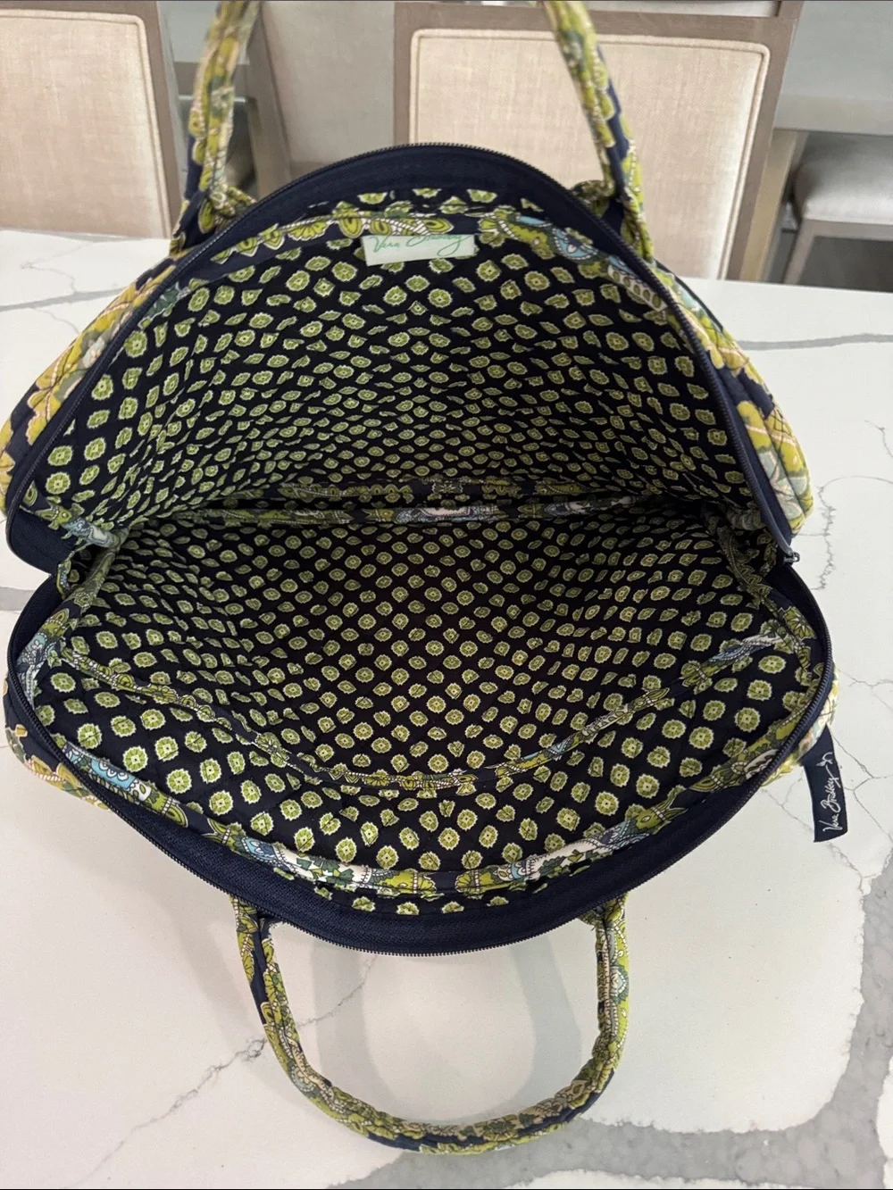 Vera Bradley Olive Green Quilted Laptop Tote with Navy Pattern